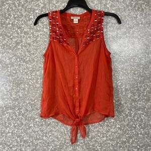 Lucky Brand Orange Sheer Embroidered Button Up Shirt - Size Small - Sleeveless